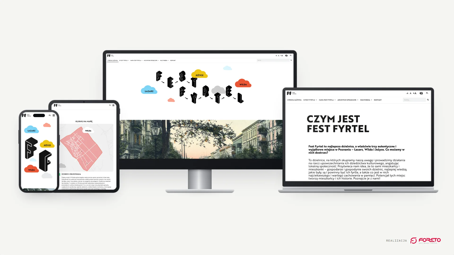 Serwis Fest Fyrtel wyświetlony jednocześnie na monitorze, laptopie, tablecie i telefonie