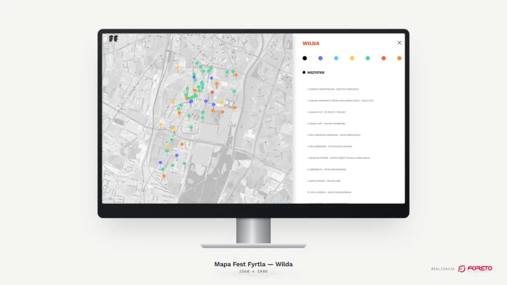 Interaktywna mapa Wildy z oznaczonymi miejscami, na pełnym ekranie monitora