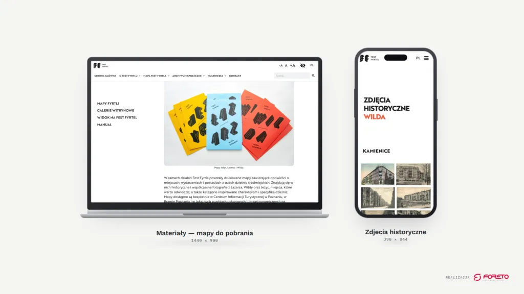 Sekcja materiałów do pobrania na laptopie oraz zdjęcia historyczne na telefonie