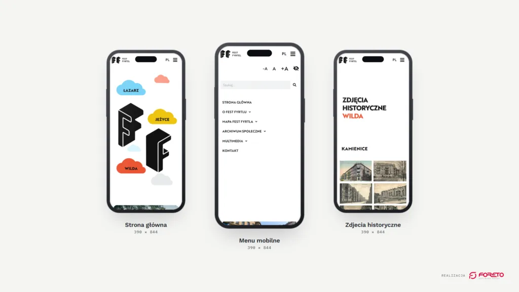 Trzy widoki mobilne serwisu: strona główna, rozwinięte menu i zdjęcia historyczne