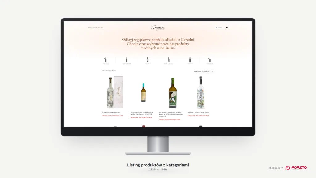Chopin Vodka — listing produktów z kategoriami na monitorze