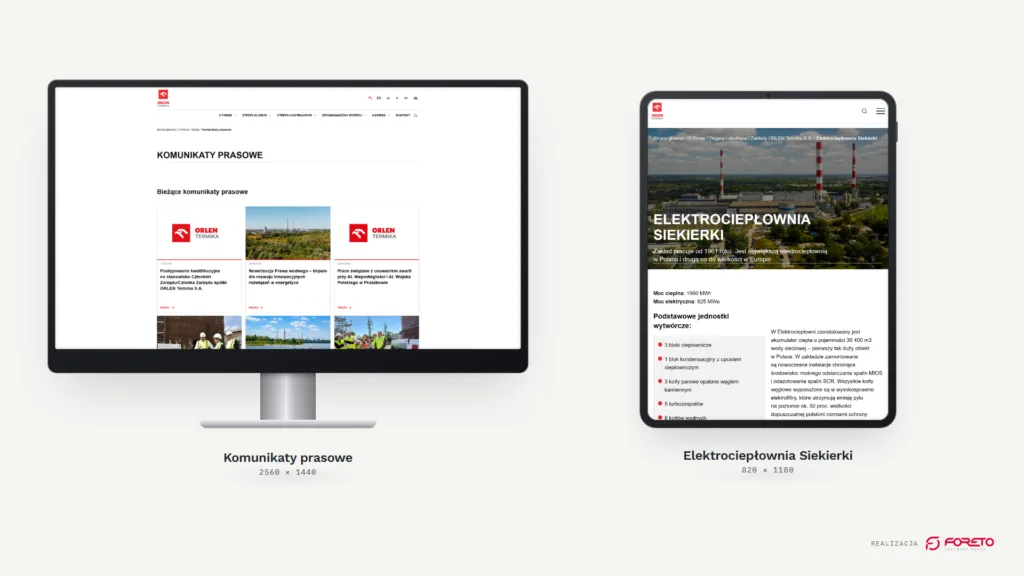 ORLEN Termika — komunikaty prasowe na monitorze i strona Elektrociepłowni Siekierki na tablecie