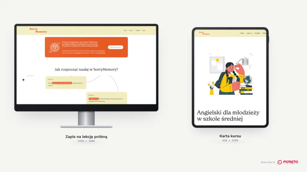 SorryMemory — zapis na lekcję próbną na monitorze i karta kursu na tablecie