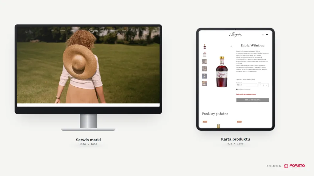 Chopin Vodka — serwis marki na monitorze i karta produktu na tablecie