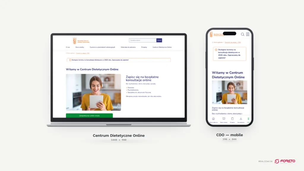 Centrum Dietetyczne Online na laptopie i telefonie: formularz zapisu na bezpłatne konsultacje