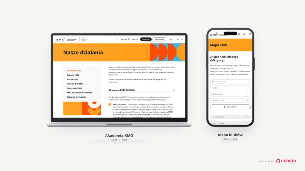 Klub Młodego Odkrywcy — Akademia KMO na laptopie i mapa klubów na telefonie