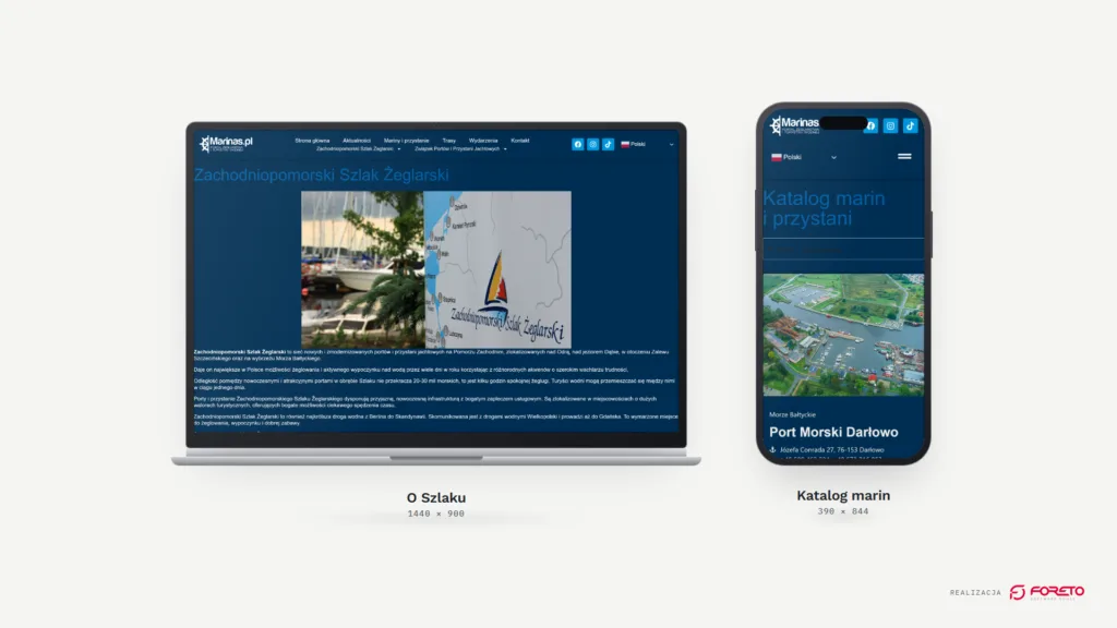 Marinas.pl — strona Zachodniopomorskiego Szlaku Żeglarskiego na laptopie i katalog marin na telefonie