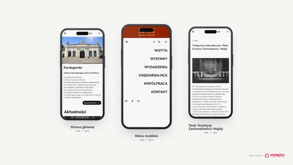 Kordegarda — strona główna, menu mobilne i strona wystawy na telefonie