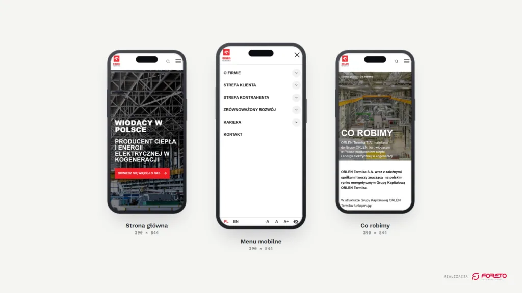 ORLEN Termika — strona główna, menu mobilne i sekcja „Co robimy” na telefonie