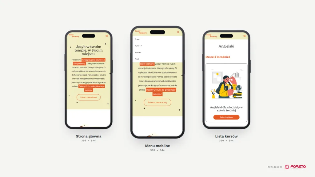 SorryMemory — strona główna, menu mobilne i lista kursów na telefonie
