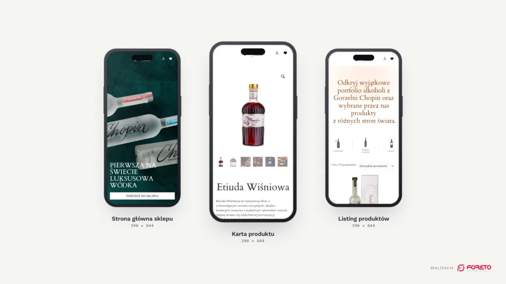 Chopin Vodka — strona główna sklepu, karta produktu i listing na telefonie