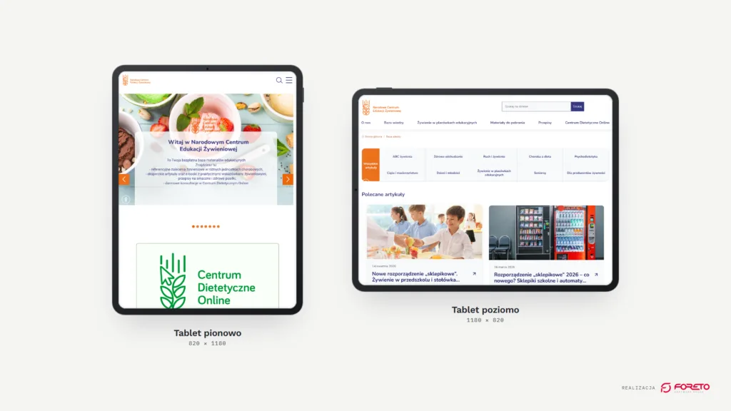 Portal NCEŻ na tablecie w orientacji pionowej i poziomej