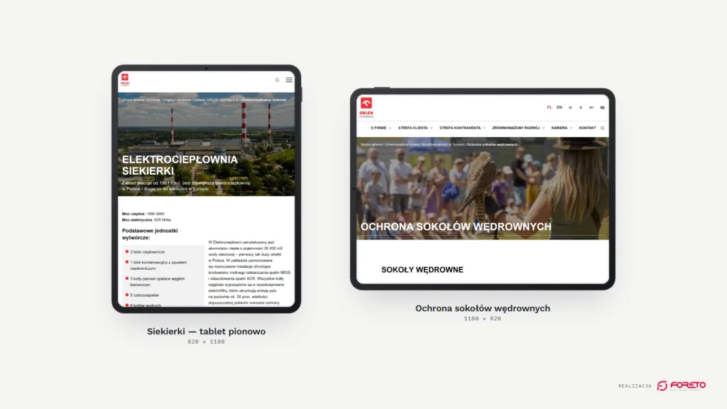 ORLEN Termika — Siekierki na tablecie pionowo i historia spółki na tablecie poziomo