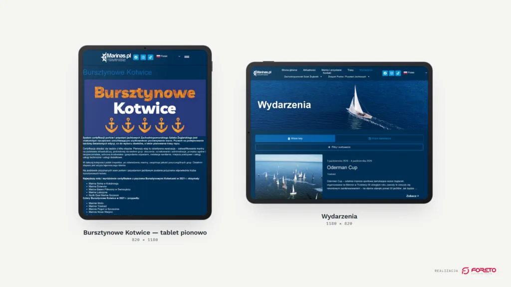 Marinas.pl — Bursztynowe Kotwice na tablecie pionowo i wydarzenia na tablecie poziomo