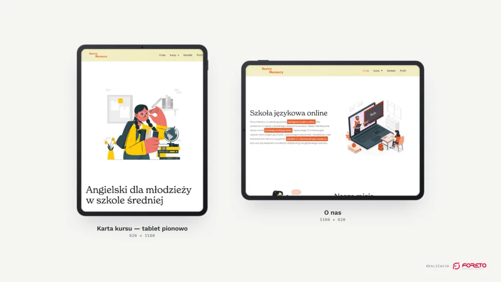 SorryMemory — karta kursu na tablecie pionowo i strona O nas na tablecie poziomo