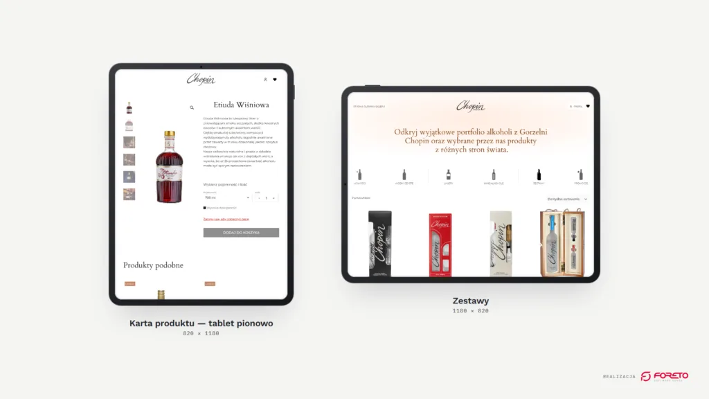 Chopin Vodka — karta produktu na tablecie pionowo i zestawy na tablecie poziomo