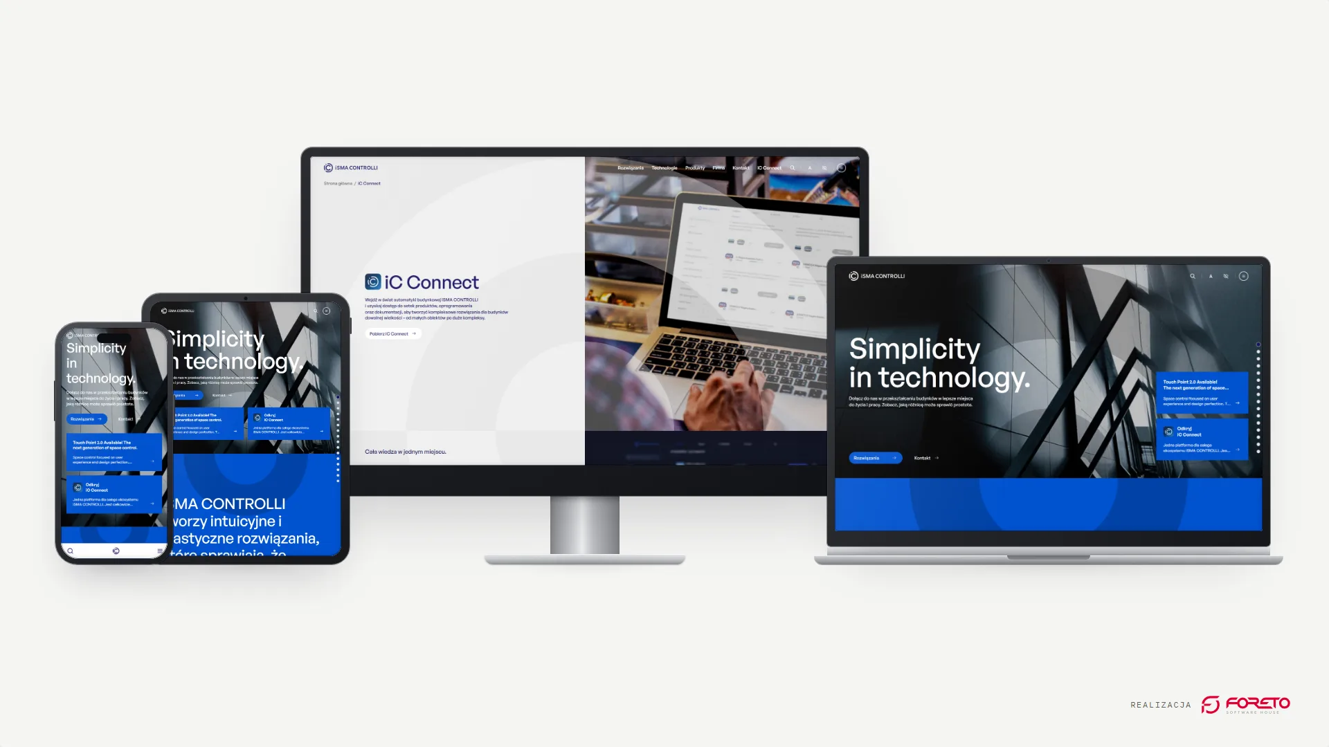 iSMA CONTROLLI — podstrona iC Connect na monitorze i strona główna ismacontrolli.com na laptopie, tablecie i telefonie