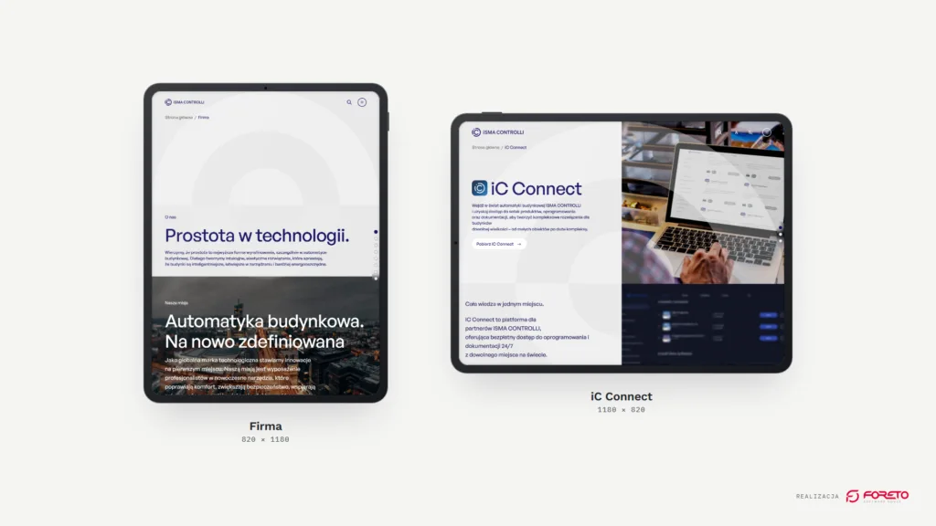 iSMA CONTROLLI — podstrona Firma na tablecie pionowo i iC Connect na tablecie poziomo
